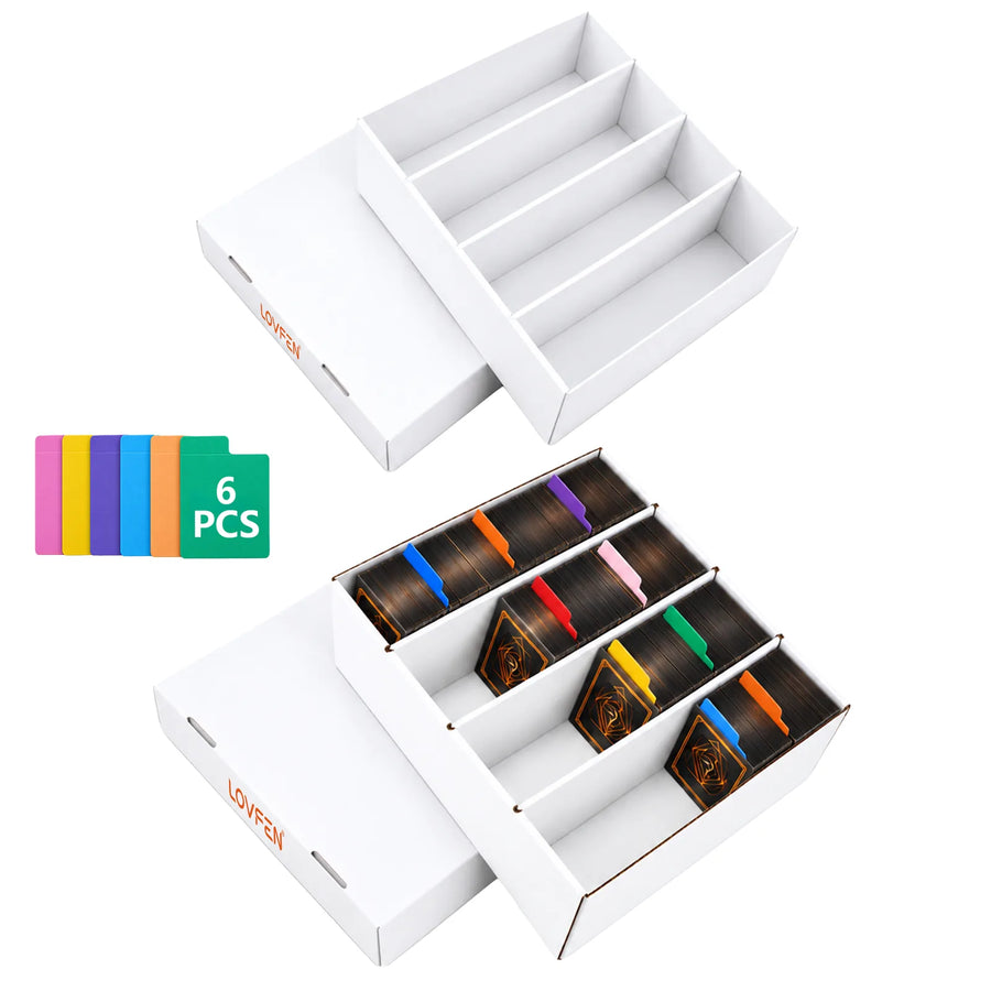 LOVFEN 4-row white cardboard trading card storage box with lid and 6 color divider cards