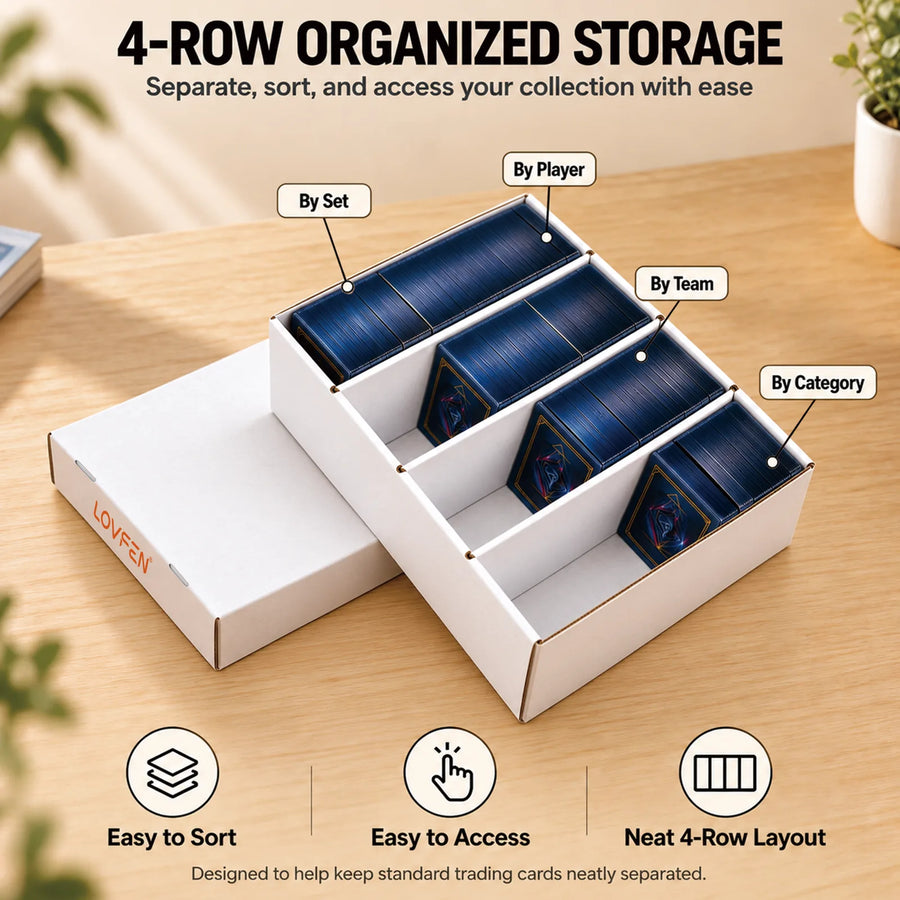 LOVFEN card storage box with four separated rows of sorted trading cards
