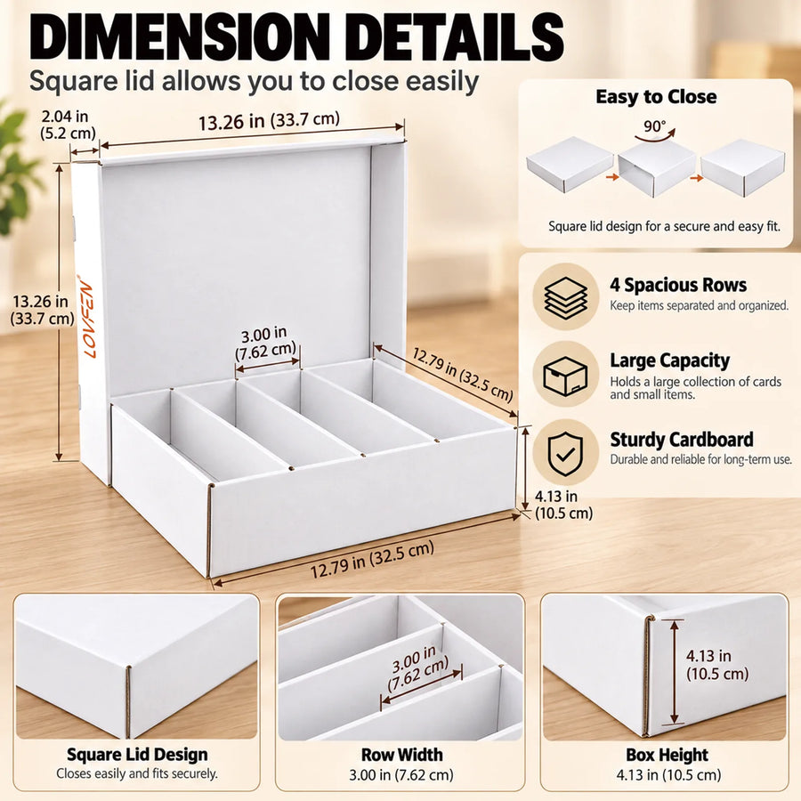 LOVFEN card storage box dimensions with 13.26 inch square lid and 12.79 inch body