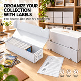LOVFEN card storage box label sheet with three item record labels on a desk