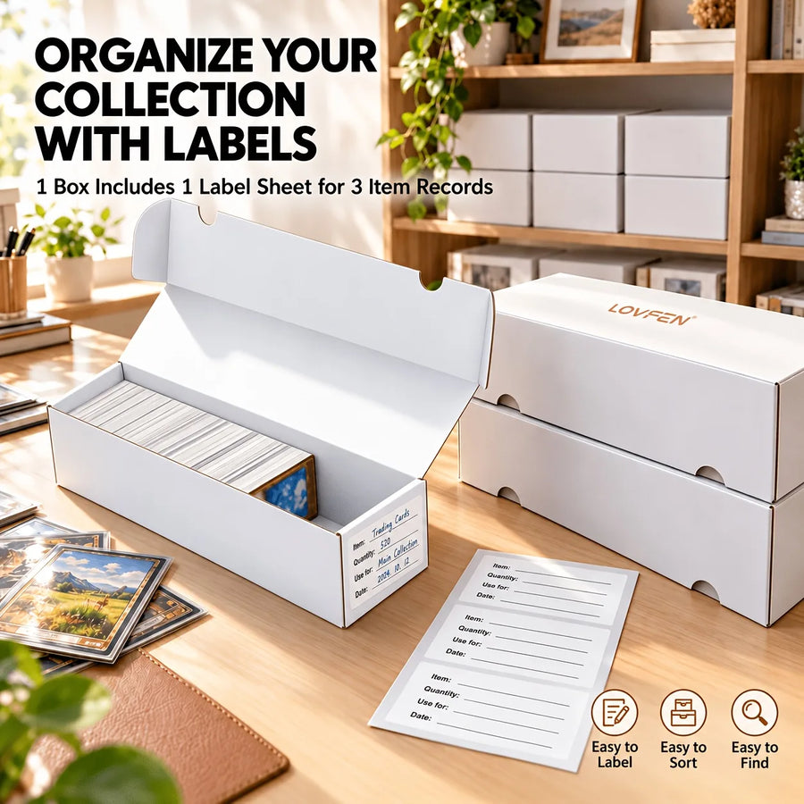 LOVFEN card storage box label sheet with three item record labels on a desk