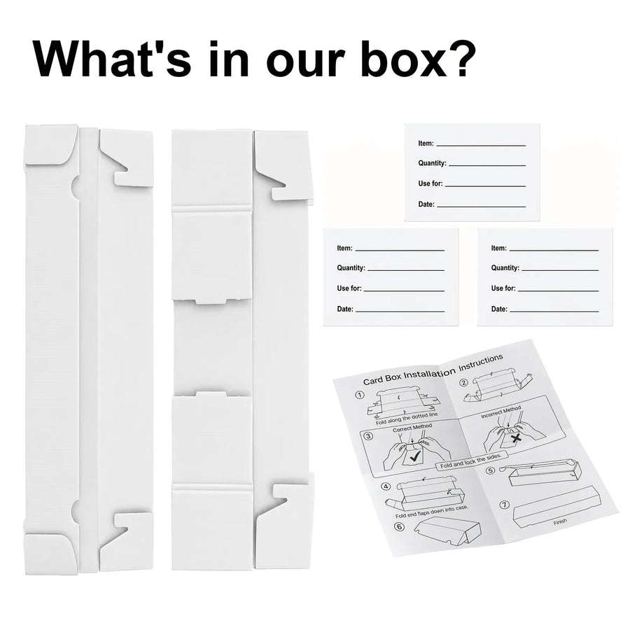 What is in the box: two flat-packed card storage boxes, three labels and assembly instructions