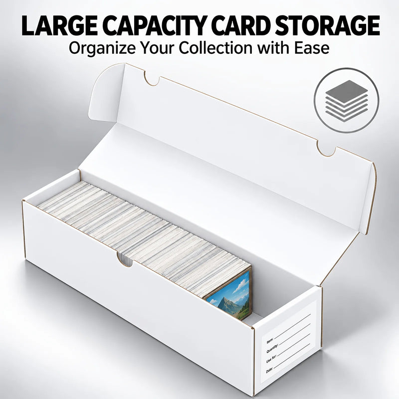 LOVFEN single-row white cardboard trading card storage box open with a stack of standard cards